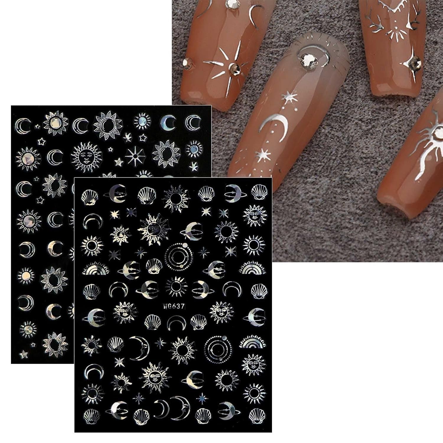 JMEOWIO Nagelsticker Mond Stern Sonne 10 Blatt Nail Art Sticker Selbstklebend Nagelaufkleber Bunt Dekoration Nageldesign Zubehör