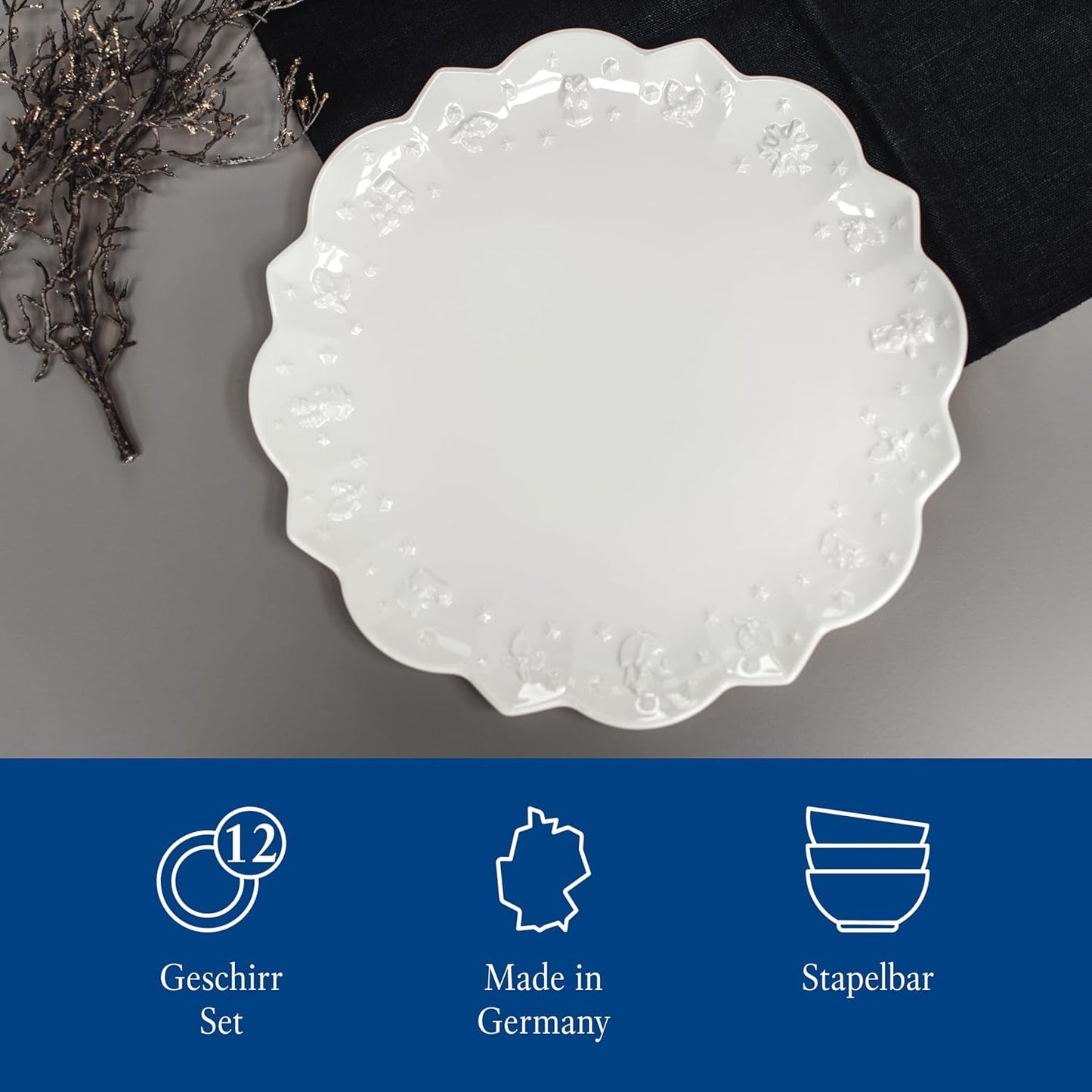 Villeroy & Boch – Set de veselă Toy's Delight Royal Classic cu 8 piese, alb, potrivit pentru mașina de spălat vase și cuptorul cu microunde, farfurii, set de veselă pentru 4 persoane, veselă de Crăciun, jucării, porțelan premium