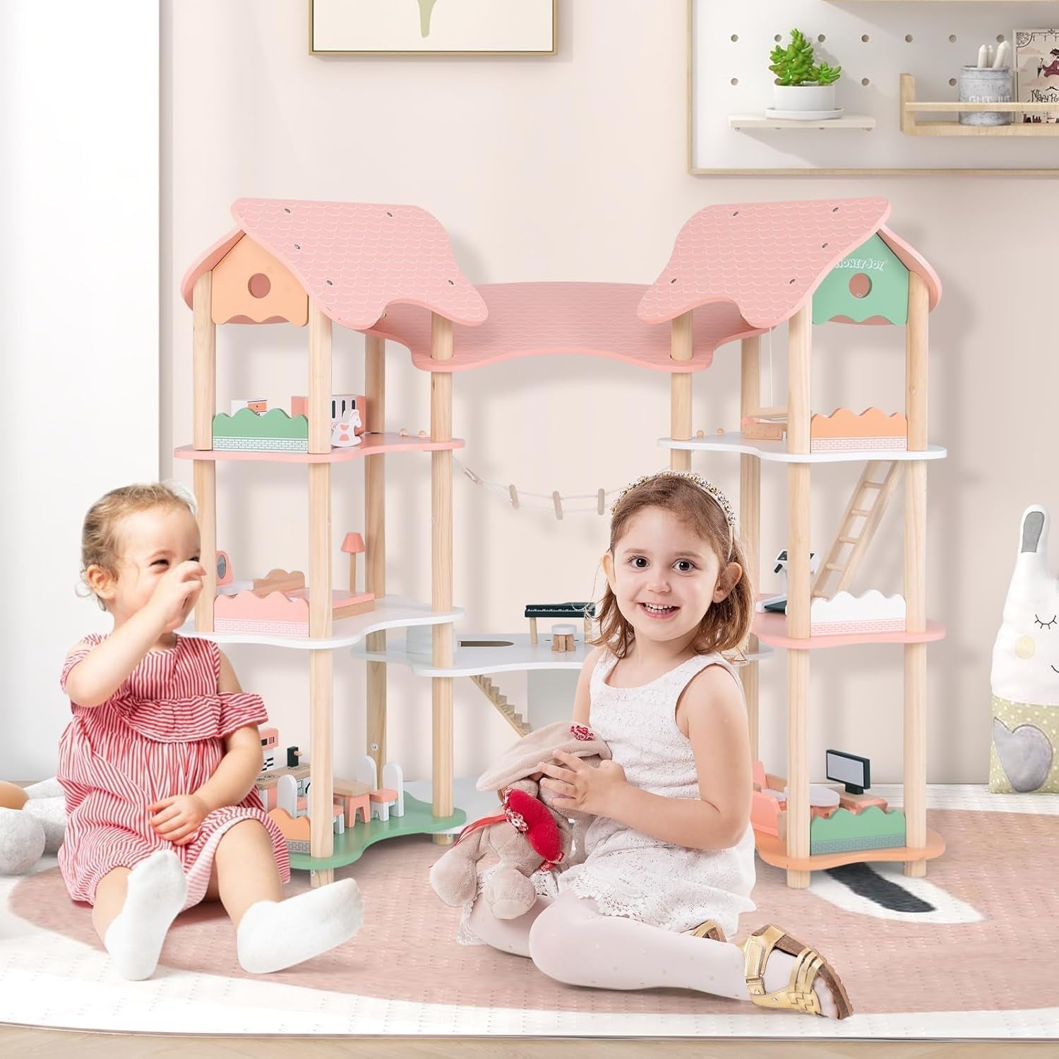 Casă de păpuși din lemn FANTASK, casă de păpuși de 85 cm înălțime 7 camere cu 32 de mobilier și accesorii, vilă de păpuși cu scară de frânghie, cadou de casă de păpuși pentru fete de la 3 ani (Model 3) Casute de papusi Naty Shop