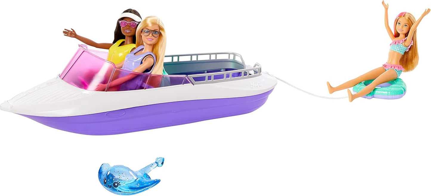Barbie HHG60 - Barcă cu motor Sirenă cu 2 păpuși (blondă/brunetă) și diverse accesorii, jucărie pentru copii cu vârsta de 3 ani și peste