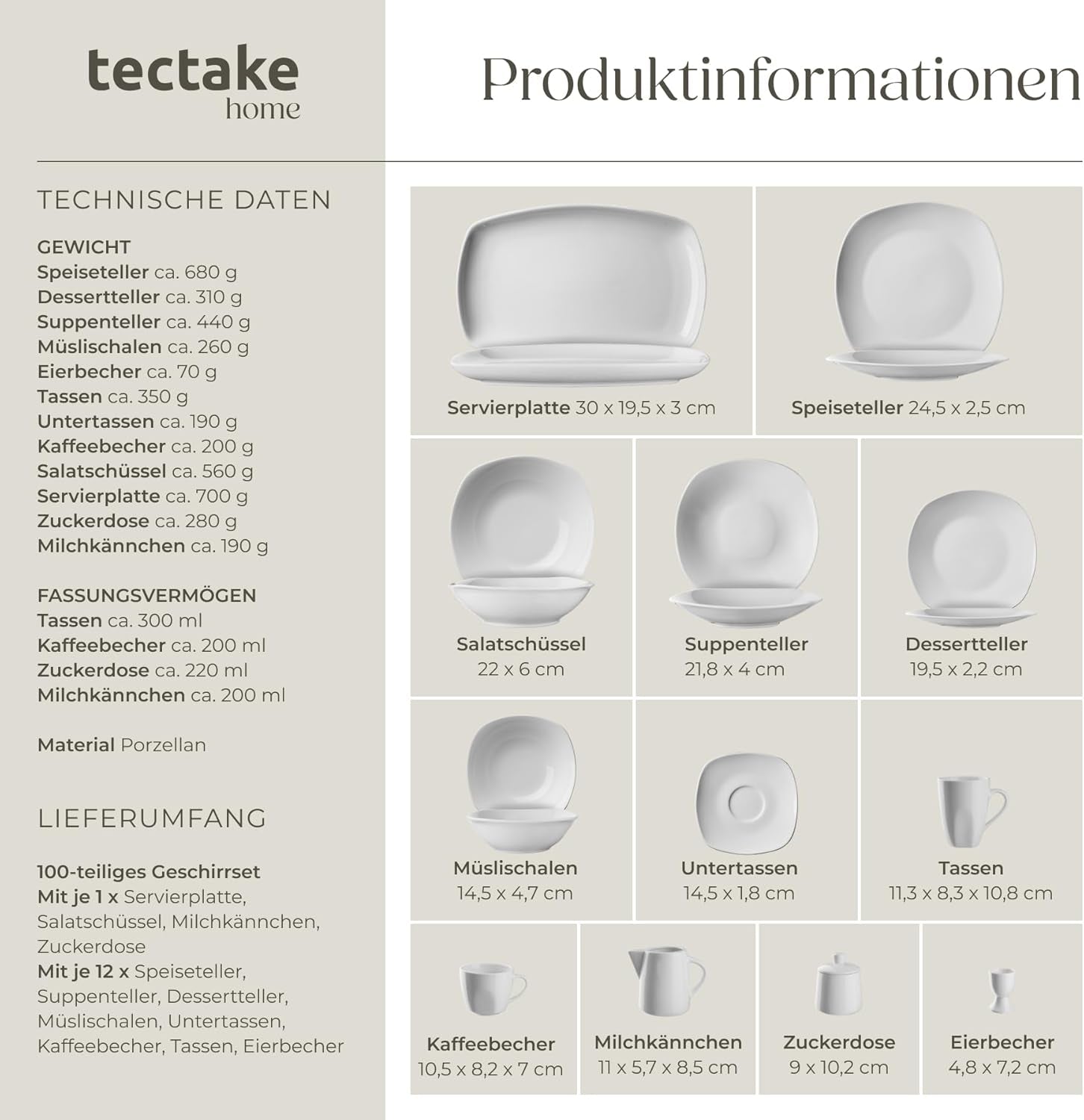 Set de veselă tectake® pentru 12 persoane, set de veselă din porțelan cu 100 de piese, inclusiv 12 farfurii, 12 farfurii de desert, 12 farfurii de sumă, 12 cești, 12 boluri pentru cereale, bol pentru salată, ulcior de lapte, zaharniță