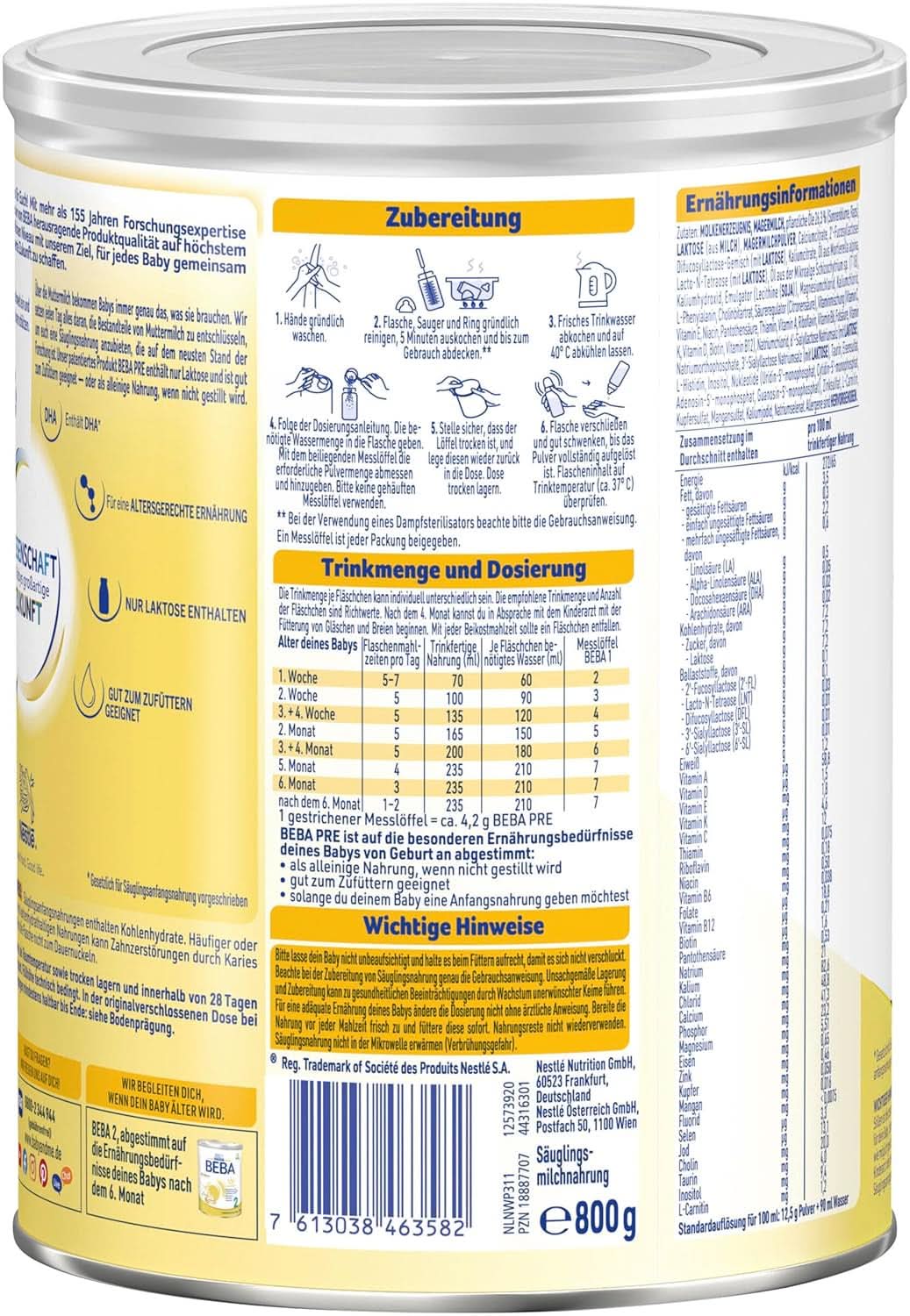 BEBA PRE Lapte inițial de la naștere, hrană pentru copii cu DHA, doar lactoză, fără ulei de palmier, pachet 3 (3 x 800 g) Naty Shop