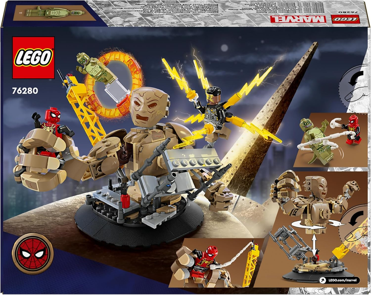 LEGO Marvel Spider-Man vs. Sandman: Showdown, jucărie de supererou cu figuri care includ Lizard și Electro, jucărie de construcție pentru jocuri de rol, cadou pentru băieți și fete entuziaști de acțiune 76280 Seturi de constructie Besuche den LEGO-Store