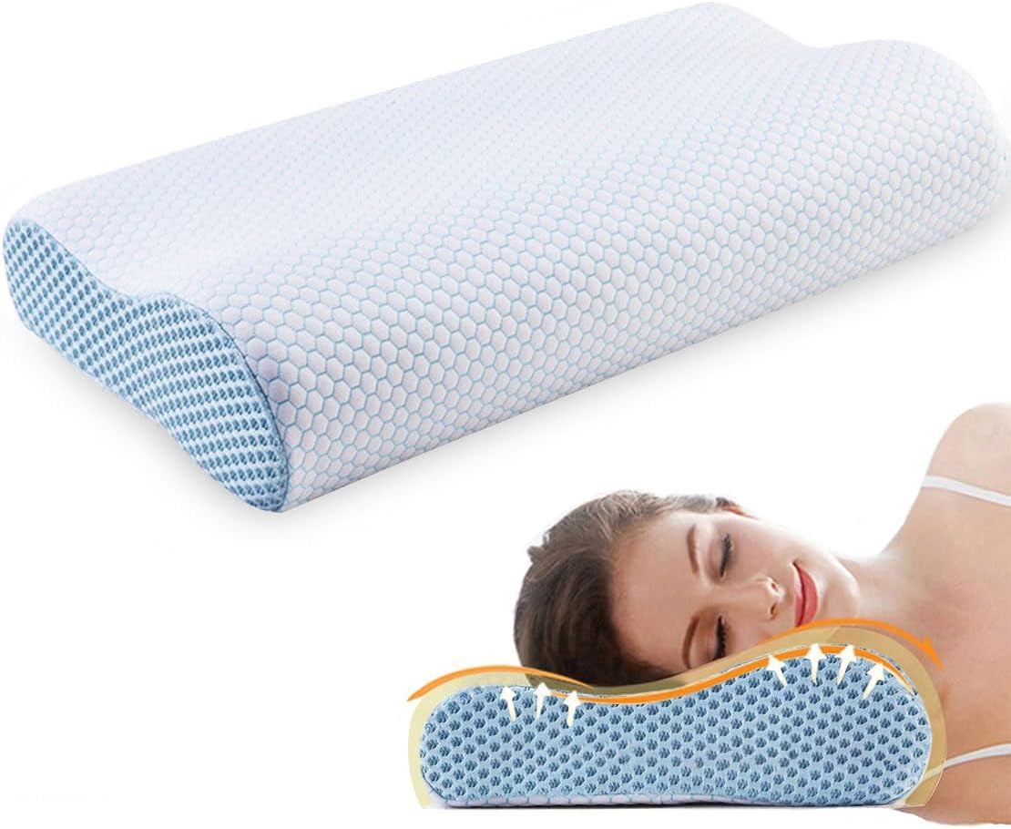 Pernă din spumă de memorie Pernă, pernă de sprijin pentru gât, pernă ergonomică pentru gât Pentru diferite poziții de dormit Cu capac detașabil Perne ortopedice cervicale Naty Shop Albastru și alb