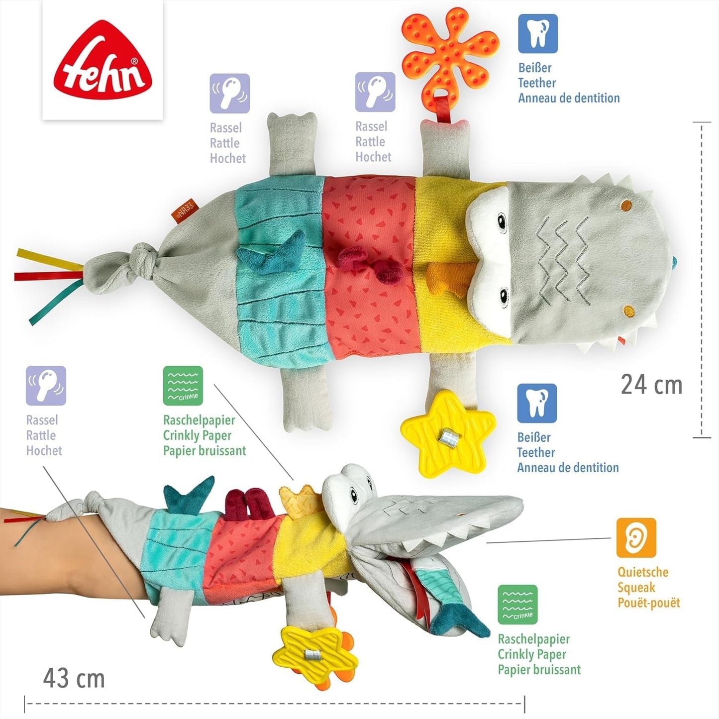Fehn păpușă de mână pentru bebeluși crocodil - jucărie de pluș cu zornăitor, hârtie care foșnește, teether și squeaker - păpușă de mână pentru bebeluși - jucărie care pocnește pentru bebeluși și copii mici de la 6+ luni Jucarii Bebe Naty Shop