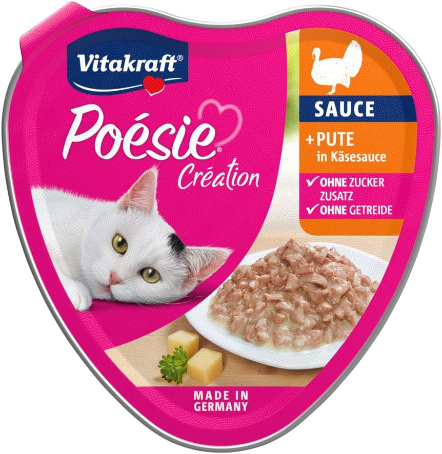 Vitakraft Poésie Création, hrană umedă pentru pisici, hrană umedă pentru pisici în sos, cu curcan în sos de brânză, pachet multiplu, fără zahăr adăugat sau cereale (15 x 85g)