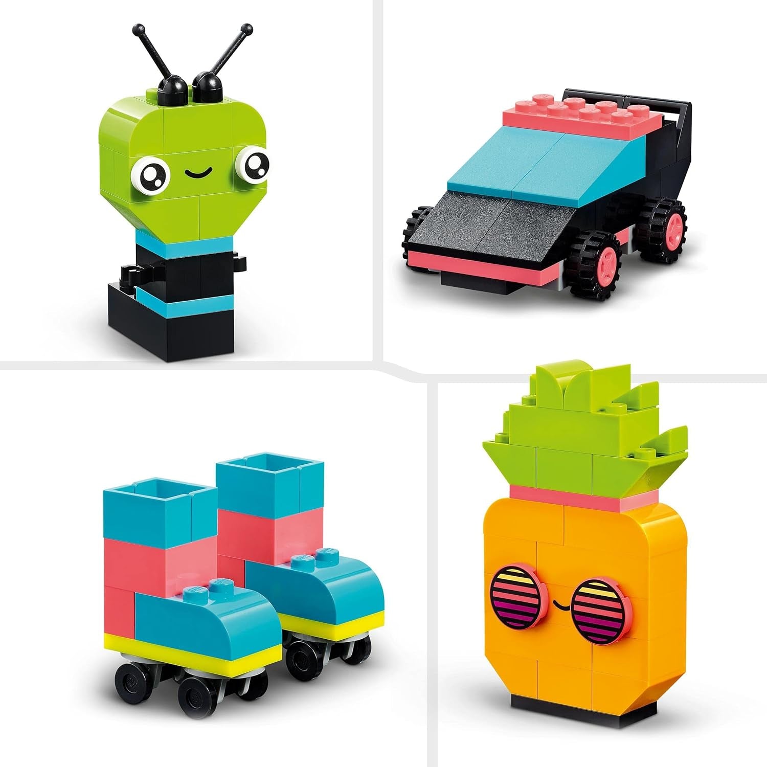 LEGO 11027 Classic Neon Creative Building Set, Brick Box Set, Jucărie de construcție cu modele: mașină, ananas, extraterestru, patine cu rotile, figuri și multe altele, pentru copii de la 5 ani în sus Seturi de constructie Besuche den LEGO-Store