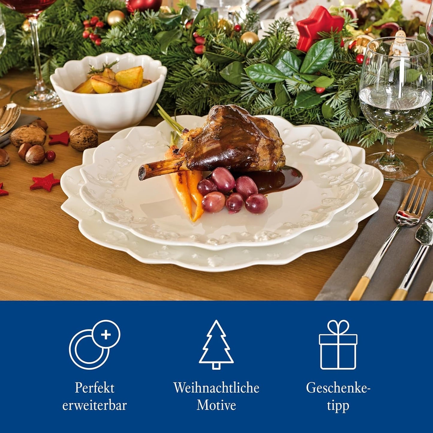 Villeroy & Boch – Set de veselă Toy's Delight Royal Classic cu 8 piese, alb, potrivit pentru mașina de spălat vase și cuptorul cu microunde, farfurii, set de veselă pentru 4 persoane, veselă de Crăciun, jucării, porțelan premium