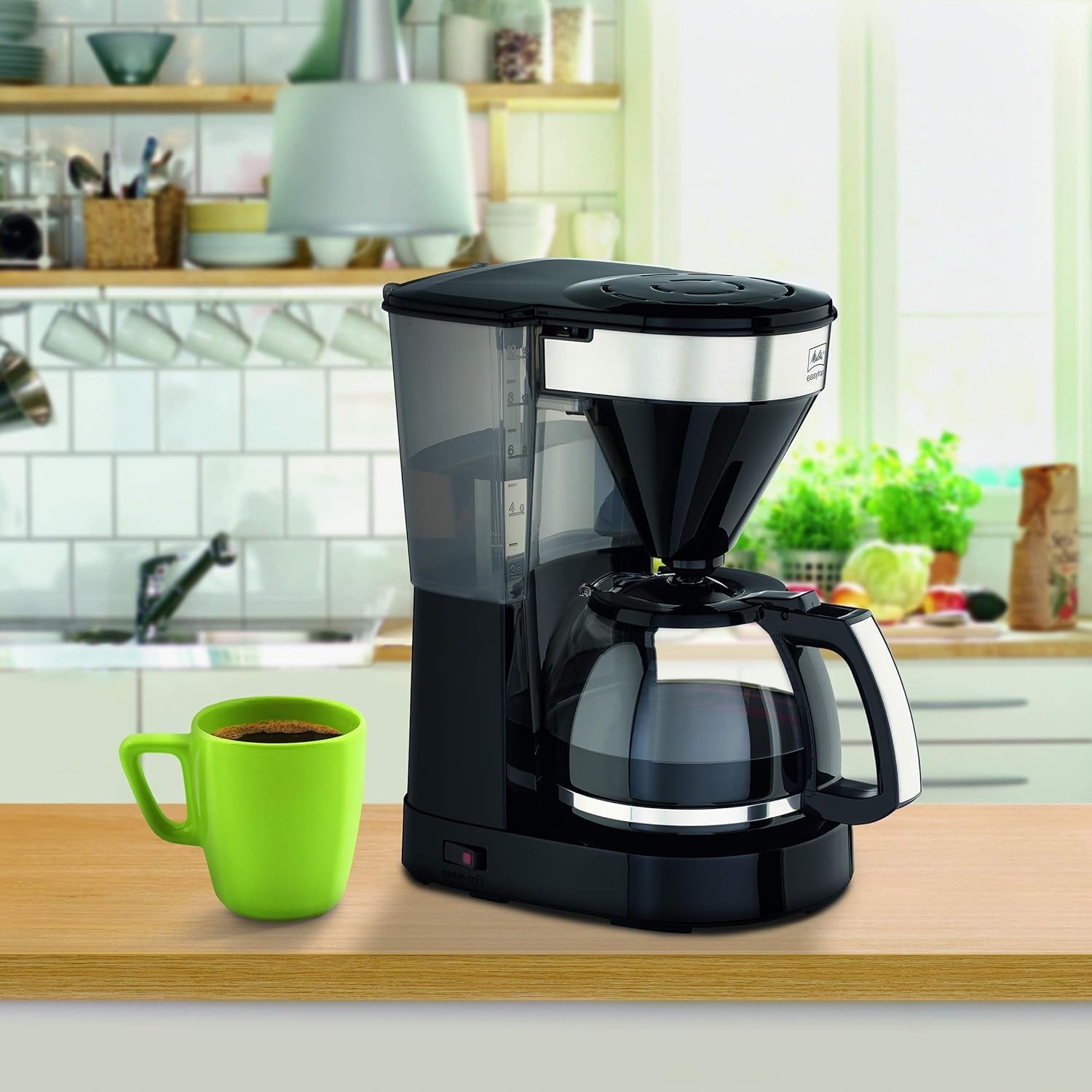 Melitta Easy Top – Espressor cu filtru și carafă din sticlă, pentru până la 10 cești de cafea, din oțel negru/inox