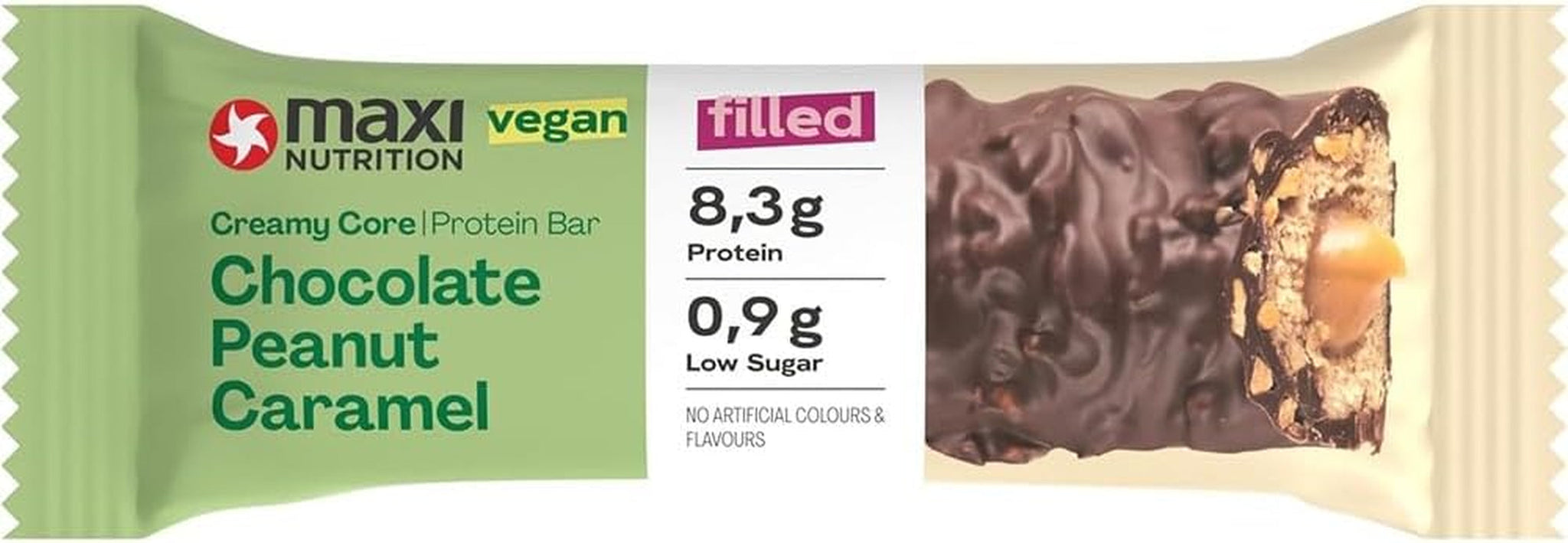 MaxiNutrition Baton proteic vegan cremos cu ciocolată, arahide și caramel 12x45g - baton proteic vegan, 18% proteine, 8,3g per baton, conținut scăzut de zahăr (0,9g), fără zahăr adăugat, fără arome artificiale