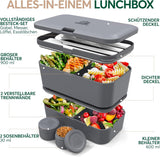 Cutie de prânz Umami pentru adulți, cutie bento stivuibilă etanșă cu 4 tacâmuri și compartimente, cutie de prânz pentru adulți, recipient pentru salată to-go, cutie de prânz pentru picnic / birou, gri cărbune, 1500 ml Cutii depozitare alimente Naty Shop