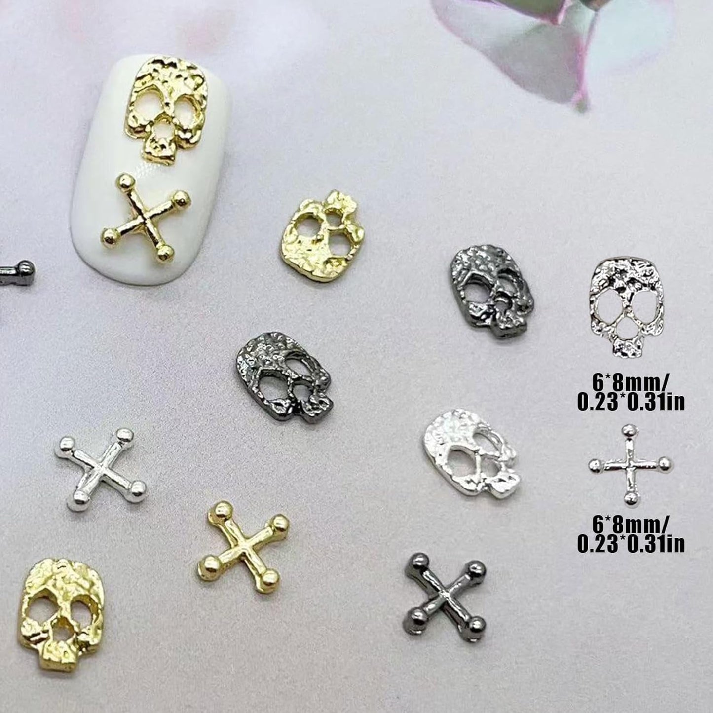 Set de decorațiuni pentru unghii cu craniu în formă de cruce, 120 de piese, brelocuri pentru unghii din metal auriu-argintiu, bijuterii din aliaj punk pentru manichiură, accesorii cu pietre strălucitoare