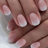Set unghii false cu adeziv - Unghii false franțuzești - 24 bucăți, design pătrat scurt, gradient alb roz, unghii artificiale, manichiură balerină (gradient roz scurt)