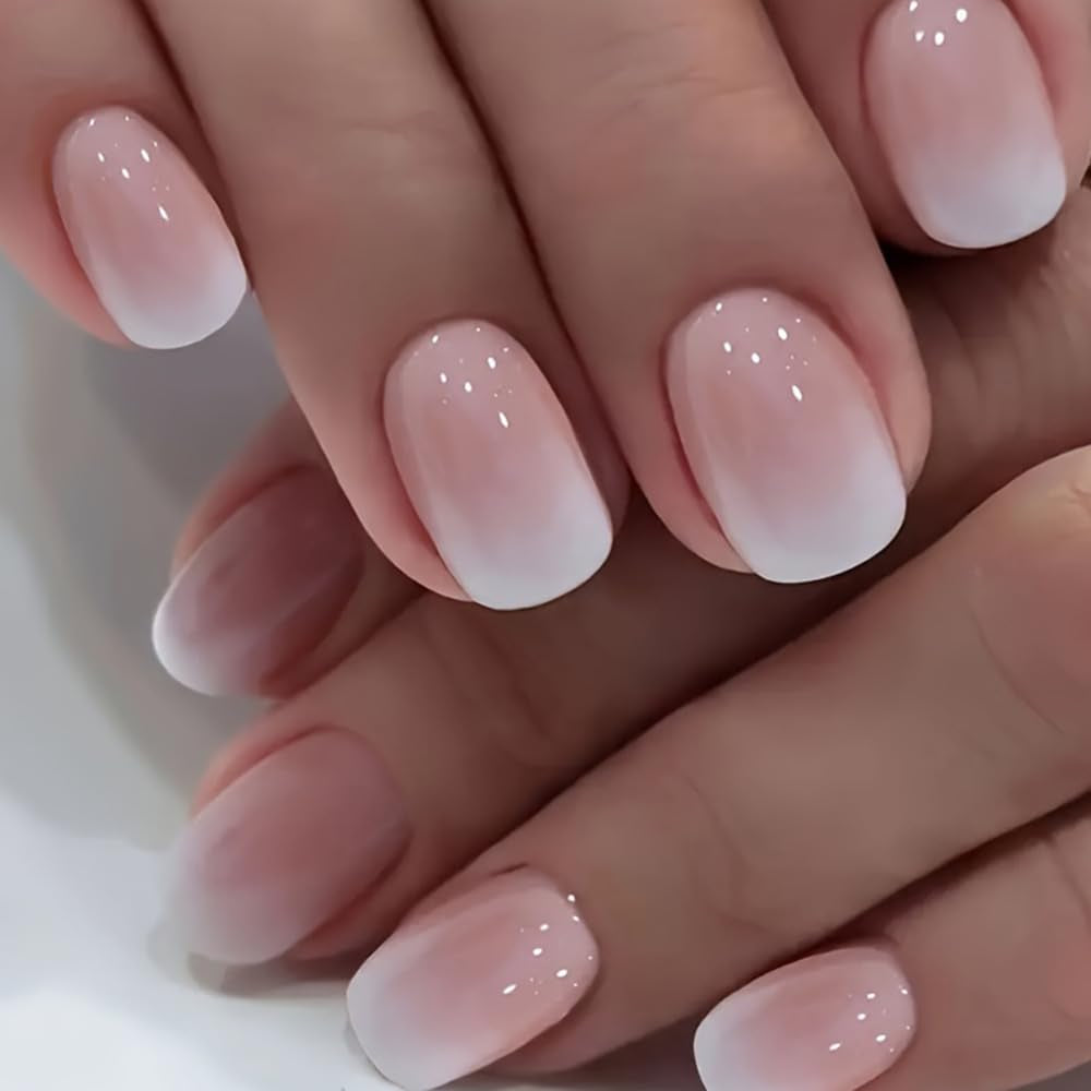 Set unghii false cu adeziv - Unghii false franțuzești - 24 bucăți, design pătrat scurt, gradient alb roz, unghii artificiale, manichiură balerină (gradient roz scurt)