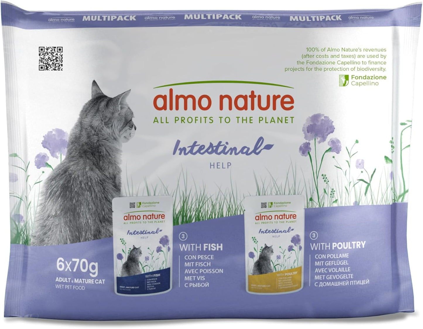 Almo Nature Functional - Intestinal Help - Hrană umedă pentru pisici adulte cu intestine sensibile - cu pește și carne de pasăre - susține microbiomul - 70g (pachet de 6)