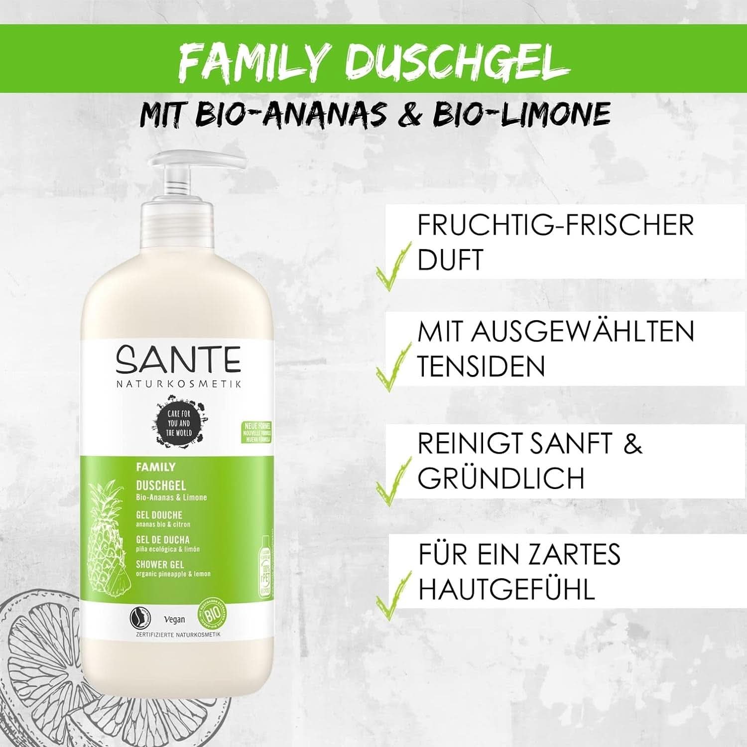 SANTE Natural Cosmetics Gel de duș răcoritor cu parfum de citrice, 950 ml Duș și baie Naty Shop