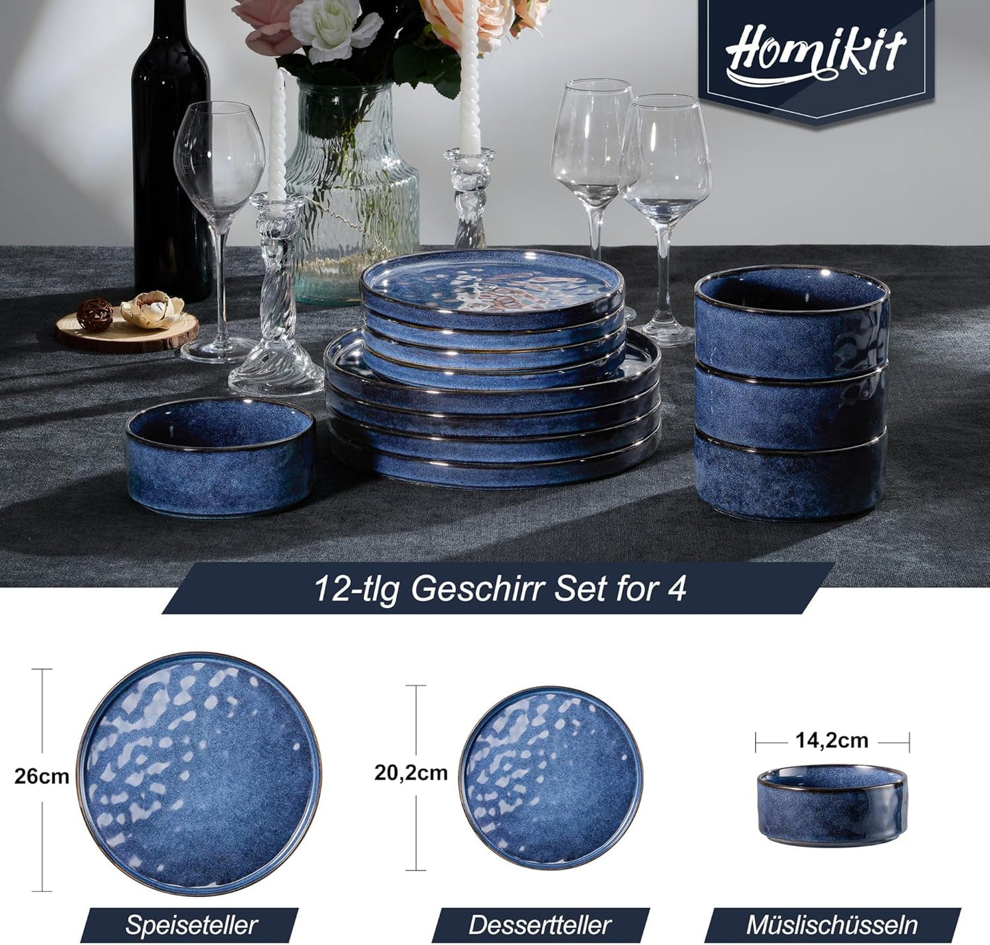 Set de veselă Homikit, set de veselă cu 12 piese pentru 4 persoane, serviciu de cină combinat cu farfurii, farfurii de desert și boluri pentru cereale, potrivit pentru cuptorul cu microunde și mașina de spălat vase, albastru elegant