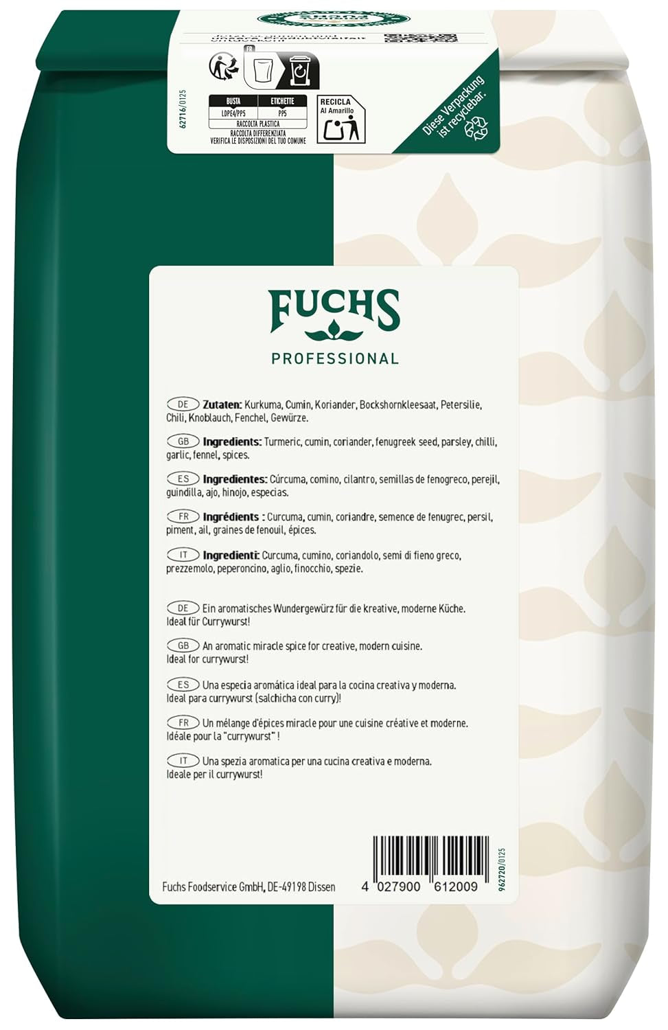 Fuchs Professional - Curry english style "Goldelefant" | Zum Würzen von Suppen, Saucen und Reisgerichten | Profi-Qualität für Großverbraucher und Gastronomie | 1 kg im recyclebaren Beutel
