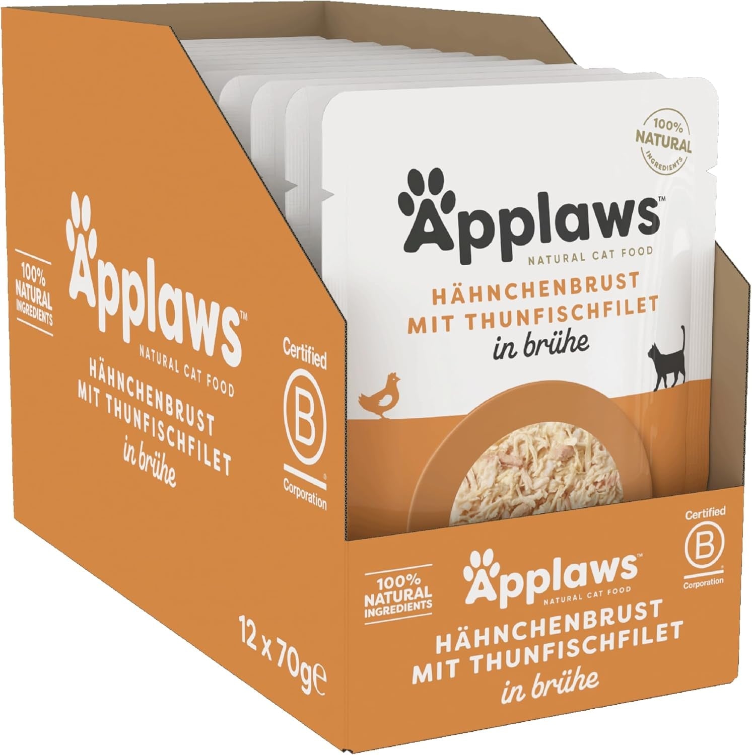 Applaws 100% natürliches Nassfutter für Katzen, Hühnerbrust mit Thunfischfilet in Brühe - Packung mit 12 x 70g Beuteln
