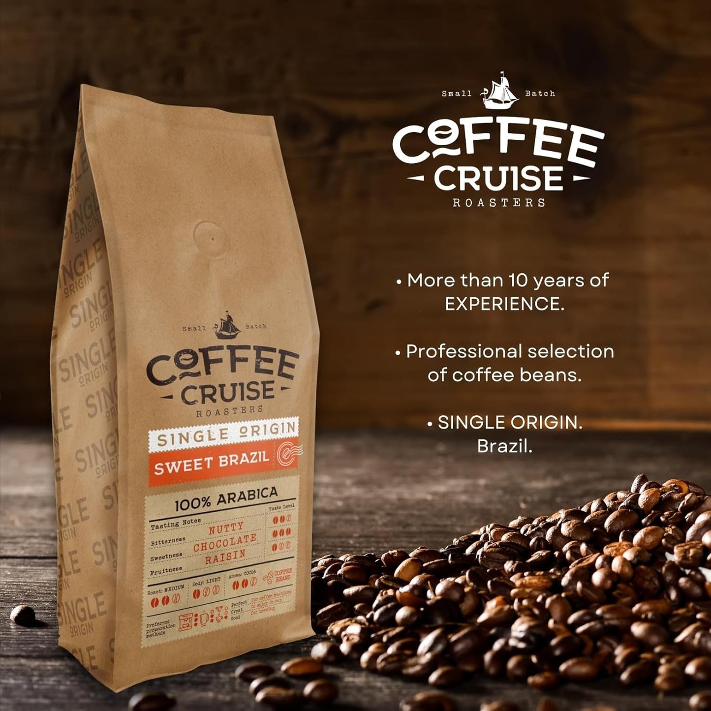 COFFEE CRUISE Sweet Brazil Brasilianische Kaffeebohnen 1kg - Mittlere Röstung - Aroma Kakao und Schokolade - Für Alle Kaffeemaschinen - 100% Arabisch
