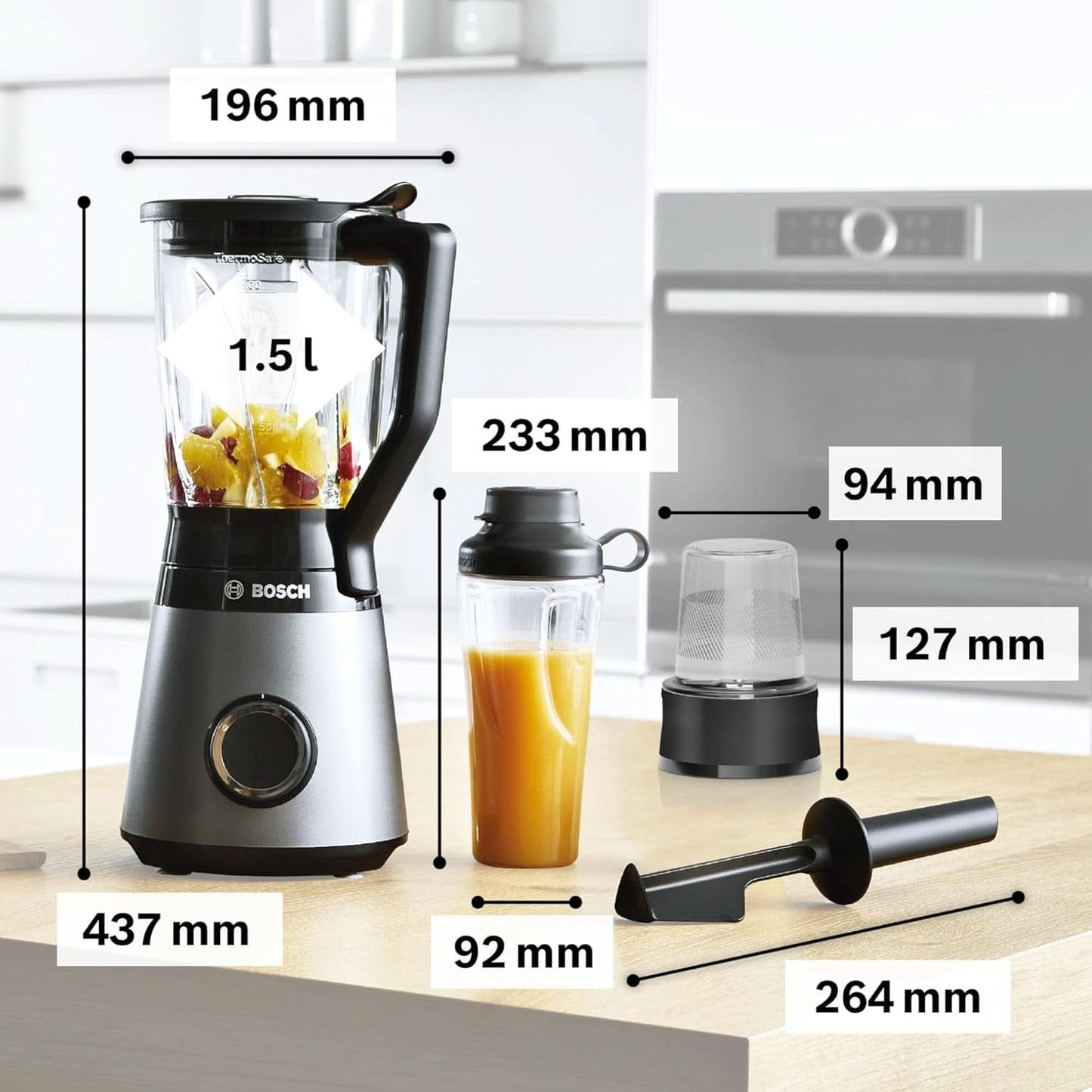 Bosch Standmixer Vitapower Serie 4 MMB6177S, Edelstahl-Klingen Made in Germany, 1,5L Thermosafe Glasbehälter, 0,6L To-Go-Flasche, Stopfer, Universalzerkleinerer, 30,000 U/Min, 1200 W, Silber Bucatarie Naty Shop
