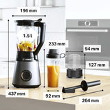 Bosch Standmixer Vitapower Serie 4 MMB6177S, Edelstahl-Klingen Made in Germany, 1,5L Thermosafe Glasbehälter, 0,6L To-Go-Flasche, Stopfer, Universalzerkleinerer, 30,000 U/Min, 1200 W, Silber Bucatarie Naty Shop
