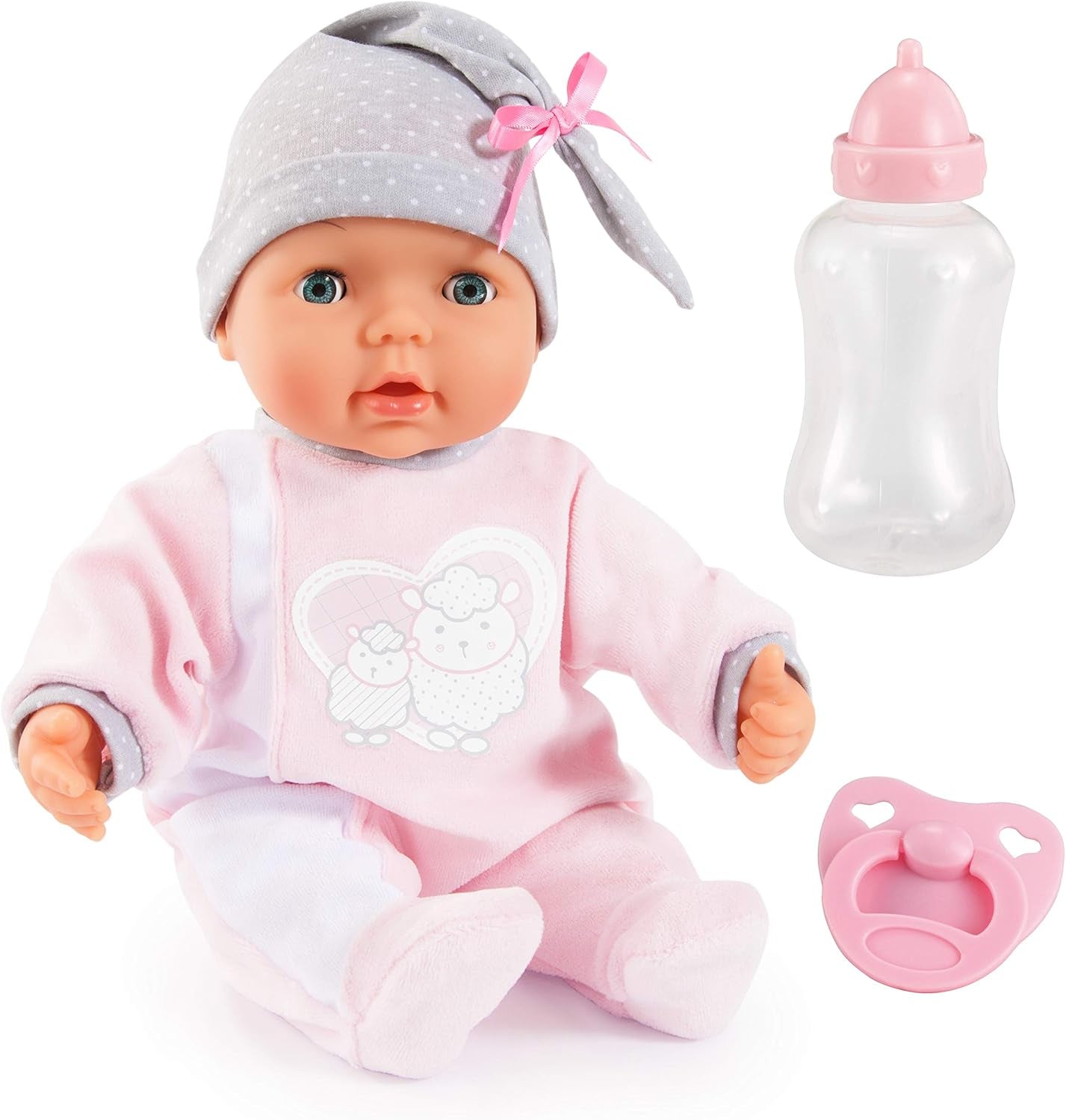 Bayer Design 93829AA Păpușa interactivă My Piccolina cu funcție, Păpușă vorbitoare, Mișcă gura, 38 cm, Suzetă, Biberon, Roz, Gri