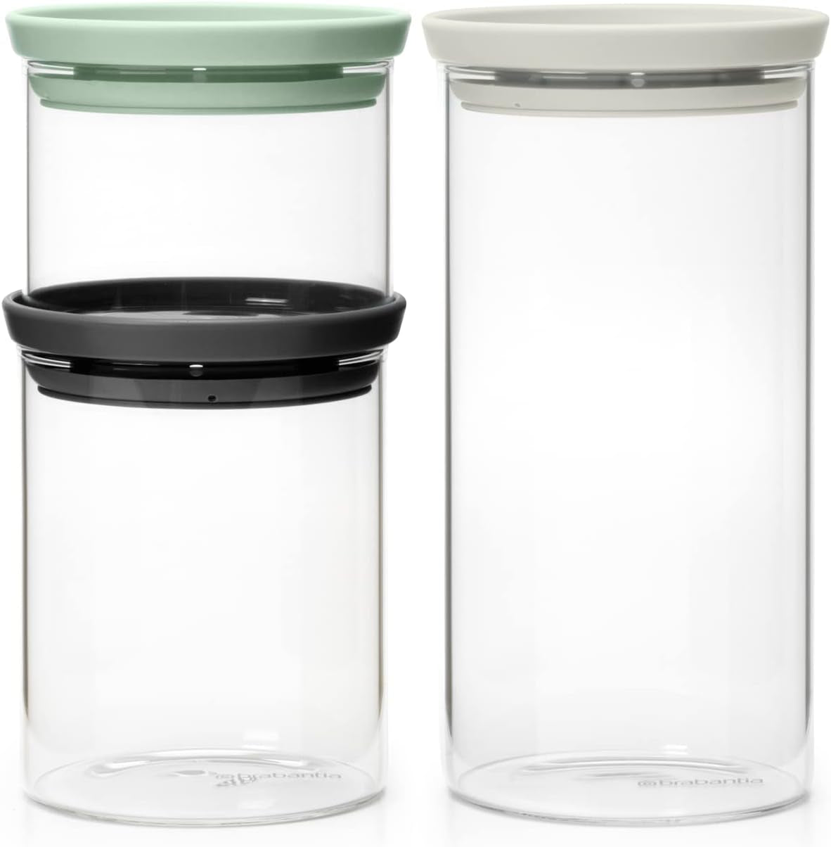 Brabantia - Recipient de sticlă stivuibil cu capac - Set de 3 - Depozitare alimente - Păstrează alimentele proaspete pentru mai mult timp - Sigiliu din silicon - Se spală în mașina de spălat vase - Gri închis/gri deschis/verde jad - 0.3L/0.6L/1.1L Cutii depozitare alimente Naty Shop Titlu implicit