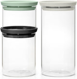 Brabantia - Recipient de sticlă stivuibil cu capac - Set de 3 - Depozitare alimente - Păstrează alimentele proaspete pentru mai mult timp - Sigiliu din silicon - Se spală în mașina de spălat vase - Gri închis/gri deschis/verde jad - 0.3L/0.6L/1.1L Cutii depozitare alimente Naty Shop Titlu implicit