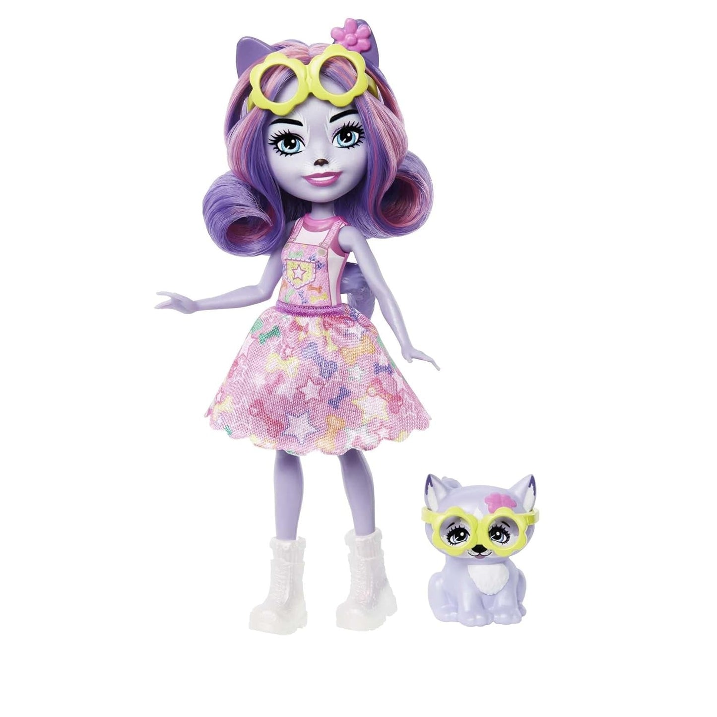 Enchantimals HHB90 - Păpușa Hadley Husky (aprox. 15 cm) și Figurină Animal Câine de Sanie, păpușă mică cu fustă detașabilă și accesorii, cadou excelent pentru copiii cu vârsta de 4 ani și peste