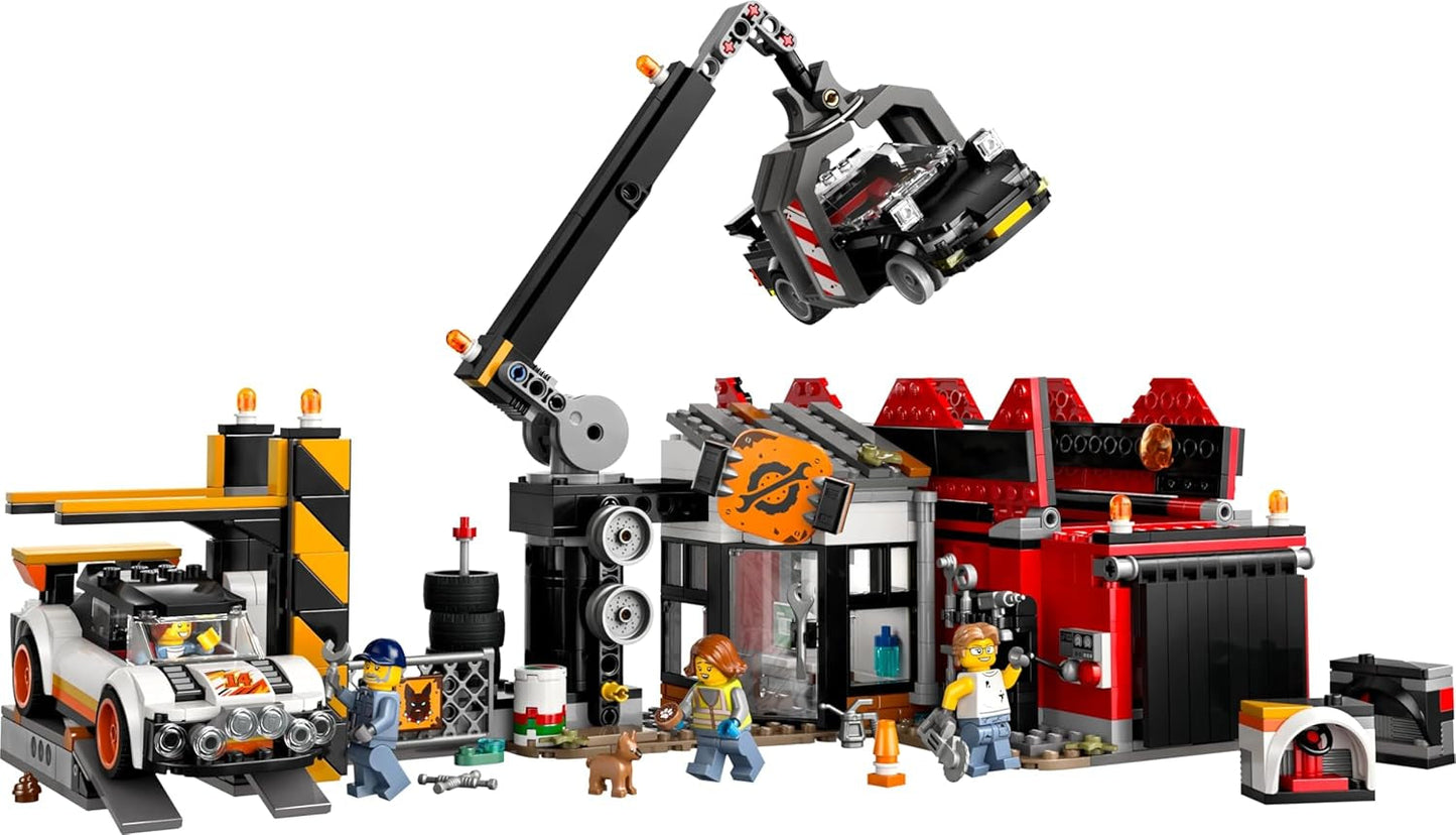Depozit de fier vechi LEGO City cu mașini - jucărie cu presă de fier vechi și macara, 2 mașini de jucărie, 4 minifigurine muncitoare și clădire de birouri - cadouri aniversare pentru băieți și fete de la 8 ani 60472 Seturi de constructie Besuche den LEGO-Store