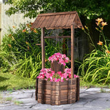 Fântână din lemn 56x56x114cm cu acoperiș, Fântână a dorințelor, Decorațiune de grădină, Ghiveci de flori, Fântână decorativă, Ghiveci de flori, Maro
