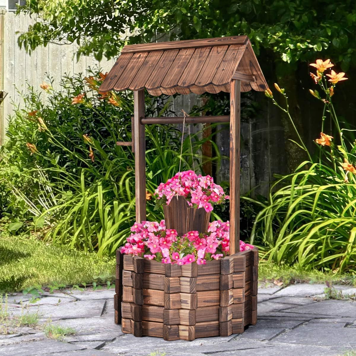 Fântână din lemn 56x56x114cm cu acoperiș, Fântână a dorințelor, Decorațiune de grădină, Ghiveci de flori, Fântână decorativă, Ghiveci de flori, Maro