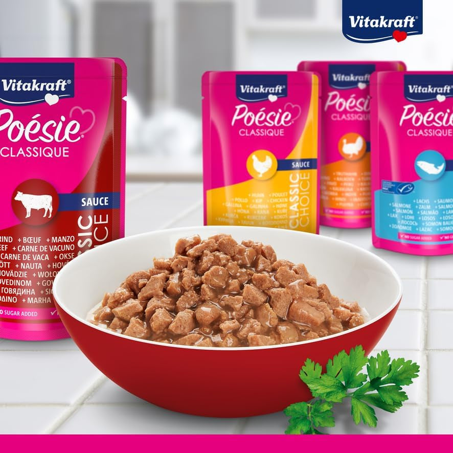 Vitakraft Poésie Classique, hrană umedă pentru pisici, hrană pentru pisici în sos, cu pui, cu curcan, cu vită, cu somon, fără zahăr adăugat și cereale (1 pachet de 12 x 85g)