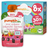 Pliculețe cu legume și cereale organice Pumpkin Organics, pachet de 8: Pară, Căpșuni, Cartofi dulci, Sfeclă roșie, Banană, Ovăz - Fără zahăr adăugat¹ - De la 6 luni - ca gustare sau aliment complementar la pachet (8 x 100g)