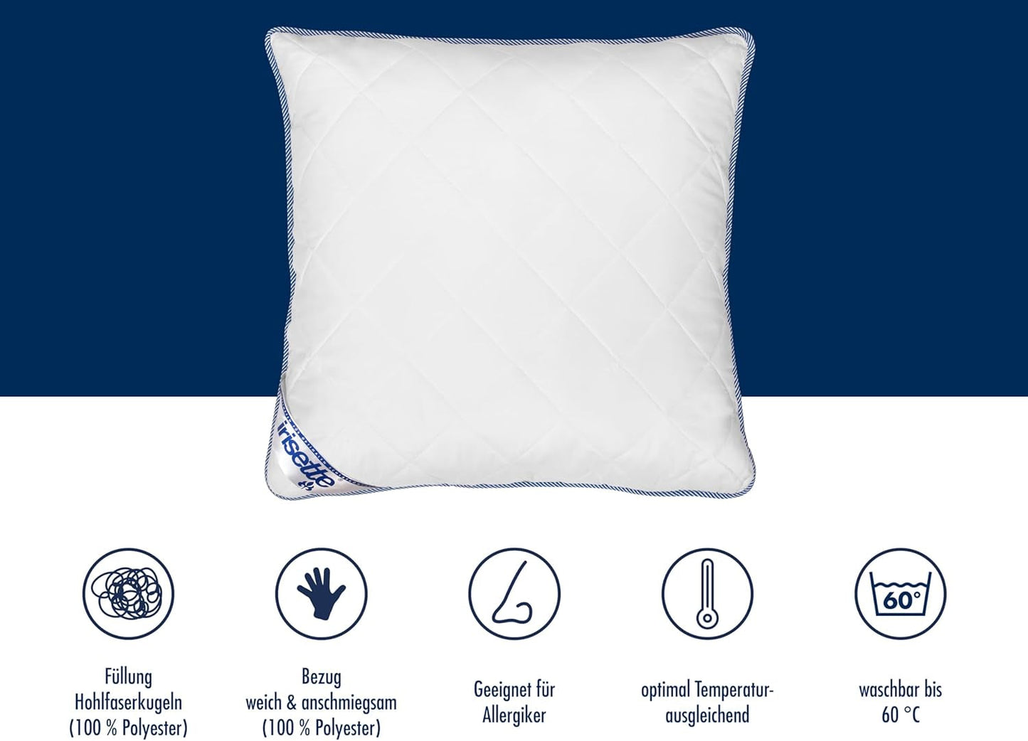 Pernă Irisette Body Contour 80X80 Cm cu husă detașabilă din microfibră moale, lavabilă până la 60°C, alb/albastru, certificată Oeko-Tex, produsă conform standardului de calitate german Perne standard Naty Shop