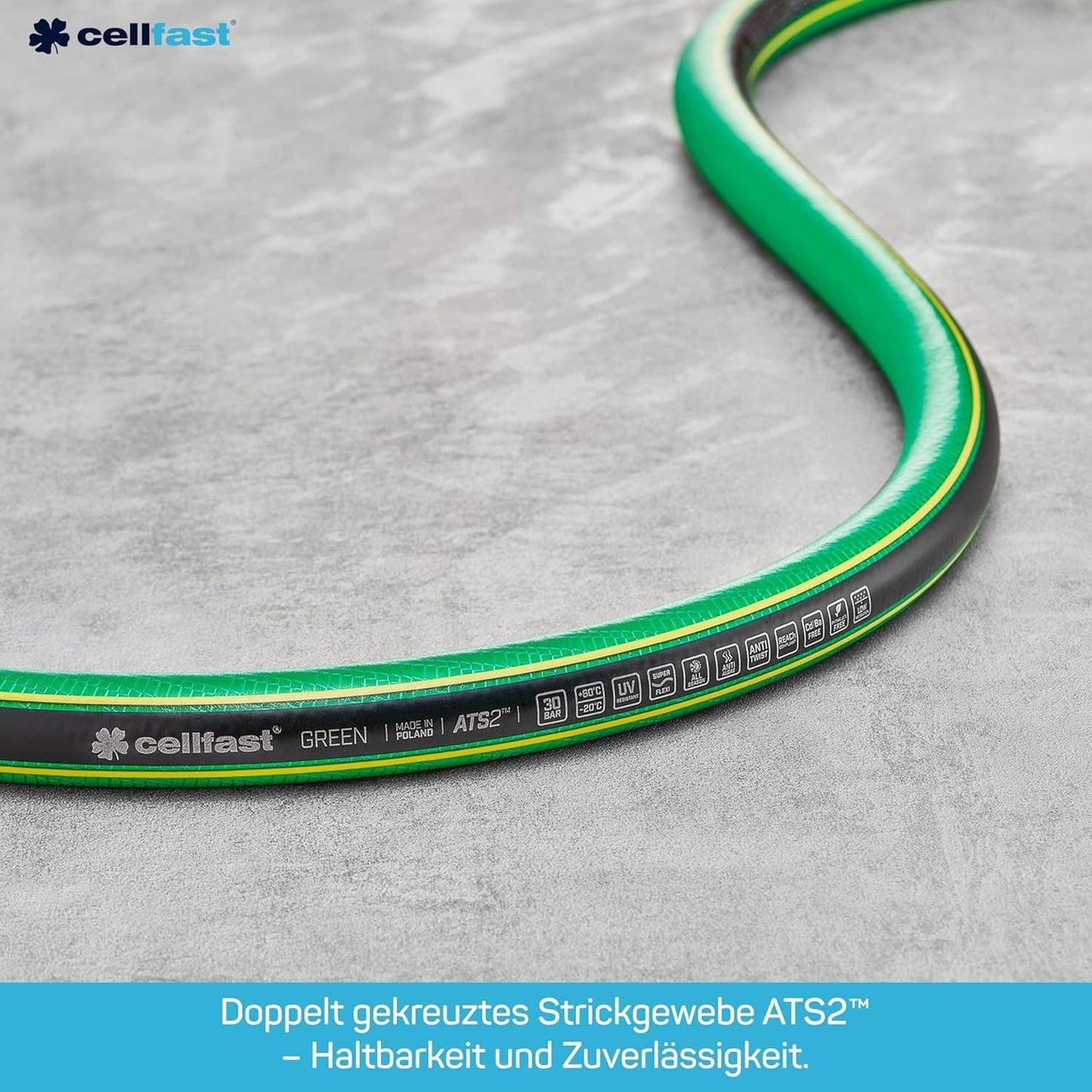 Furtun de grădină CELLFAST, furtun de apă cu 5 straturi, material textil dublu împletit cu bordură transversală, furtun de irigații, rezistent la UV, anti-alge, flexibil, 30 bar, 3,4 inci, 50 metri, verde