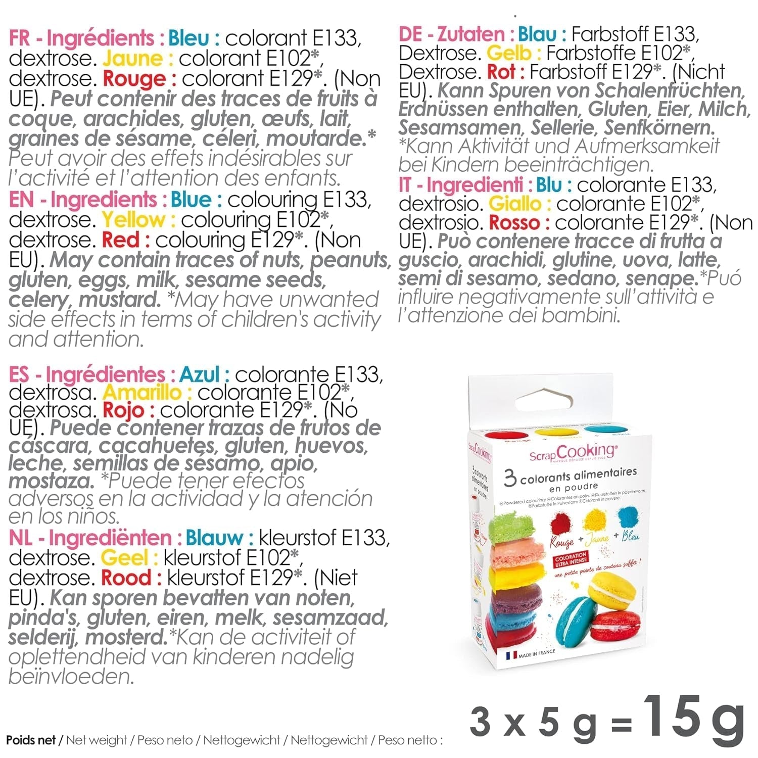 Scrapcooking - Set de 3 coloranți alimentari pudră - Roșu Galben Albastru - Coloranți alimentari pentru copt, prăjituri, fursecuri, prăjituri, aluat, fondant, tort curcubeu - 4011