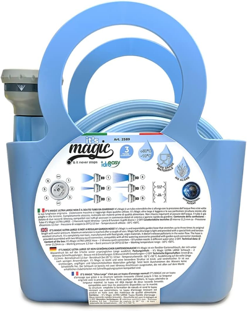 Furtun de grădină extensibil Magic Blue Hose, 20 de metri, cu sac și duză de pulverizare