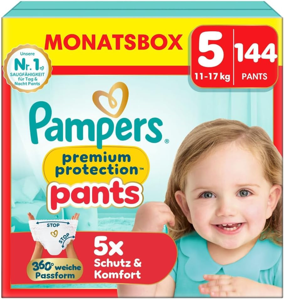 Scutece Pampers Premium Protection Pants mărimea 7, 123 scutece, 15 kg+, cu ajustare la 360° și manșete moi anti-scurgere pentru confort și protecție optime