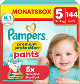 Scutece Pampers Premium Protection Pants mărimea 7, 123 scutece, 15 kg+, cu ajustare la 360° și manșete moi anti-scurgere pentru confort și protecție optime