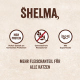 Hrană umedă pentru pisici Shelma cu pui în sos cu roșii și ierburi – Hrană completă fără cereale cu conținut ridicat de carne – 28 x 85 g (2,38 kg)