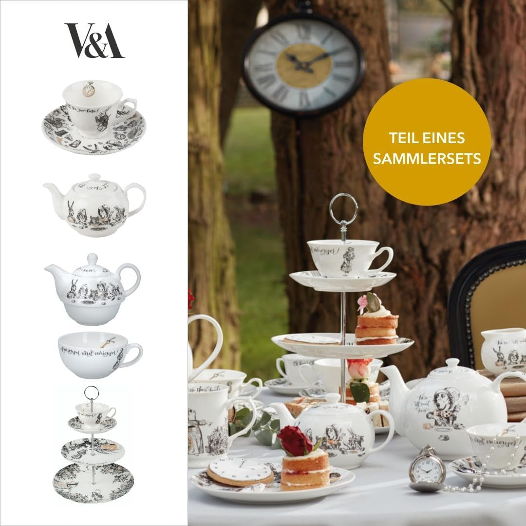 Set ceainic și ceașcă Alice în Țara Minunilor pentru 1 persoană în cutie cadou, serviciu de ceai din porțelan fin, alb, 250 ml