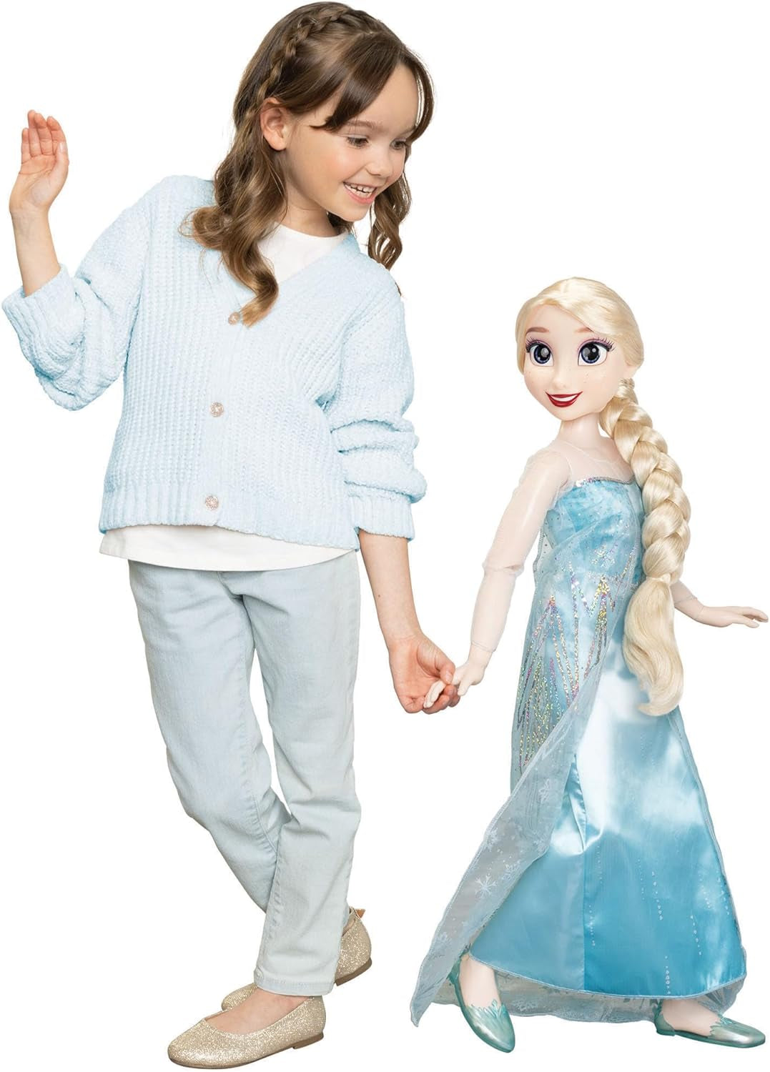 Păpușa uriașă Disney Frozen Playdate Elsa, 80 cm, de Jakks Pacific, păpușă complet articulată cu 11 puncte de articulație, inclusiv perie de păr și accesorii