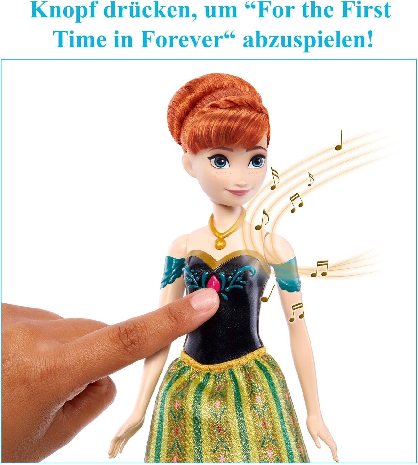 Jucării Mattel din Disney Frozen, păpușă de modă Anna cântătoare în ținută emblematică, cântă „Pentru prima dată” din filmul Disney în engleză, franceză, germană, italiană, JDL59