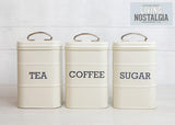 KitchenCraft Living Nostalgia set de 3 borcane de depozitare pentru ceai, zahăr și cafea, în cutie cadou, oțel, Antique Cream , 11 cm x 11 cm x 17 cm, Vintage Blue Cutii depozitare alimente Naty Shop
