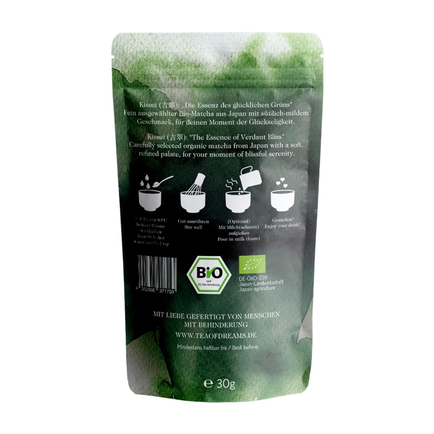 Pudră Matcha organică pentru ceai și Matcha Latte - Calitate ceremonială premium din Japonia - Ceai verde Kissui original - 30 g