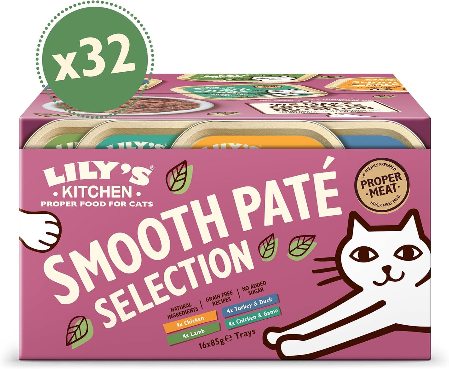 Hrană umedă naturală, fragedă, din pate, pentru pisici adulte, Lily's Kitchen, tăvițe, rețete fără cereale, diverse sortimente (32 tăvițe x 85 g)