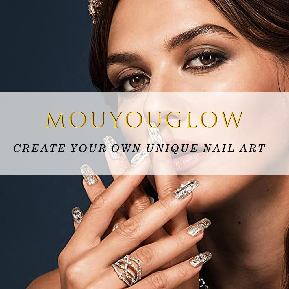 Mouyouglow 30 bucăți unghii false scurte, model floral cu dungi albe, culoare nud, model francez 3D, cu flori Y2K, cu lipici pentru unghii, vârfuri albe, flori argintii ondulate, vară, INS, unghii artificiale