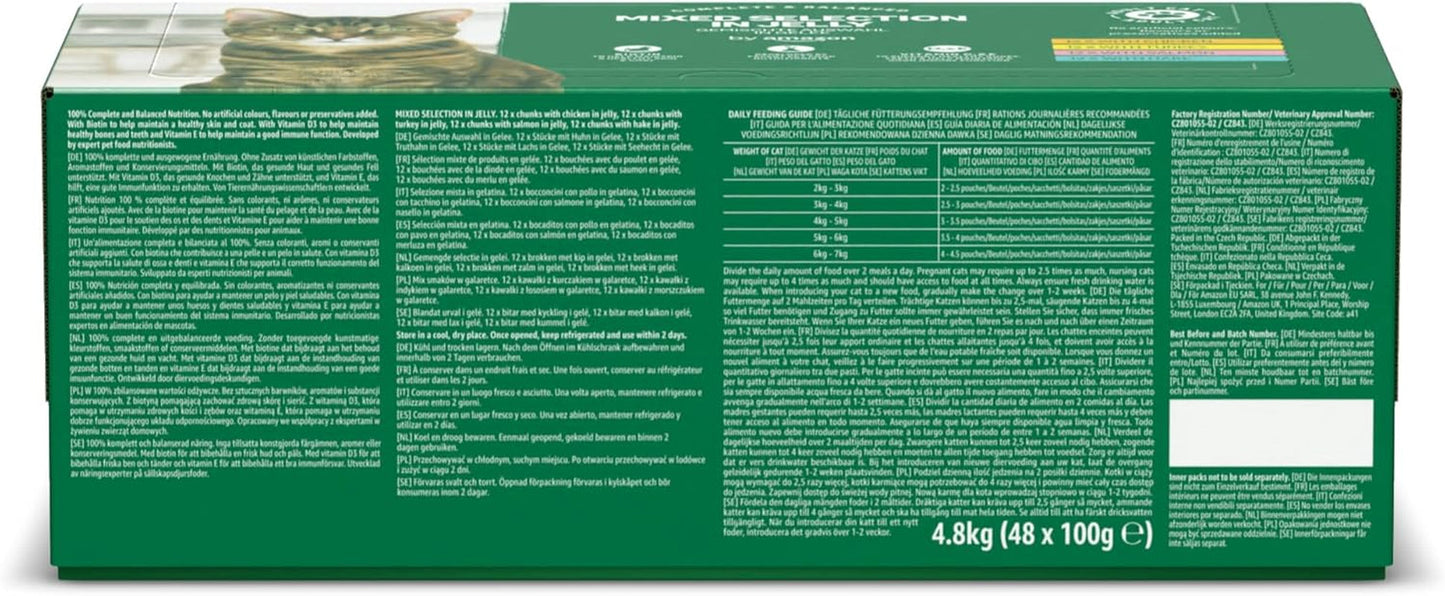 Hrană umedă pentru pisici de la Amazon, fără cereale, pentru pisici adulte, selecție mixtă în jeleu, 4,8 kg (48 de pachete a câte 100 g fiecare)